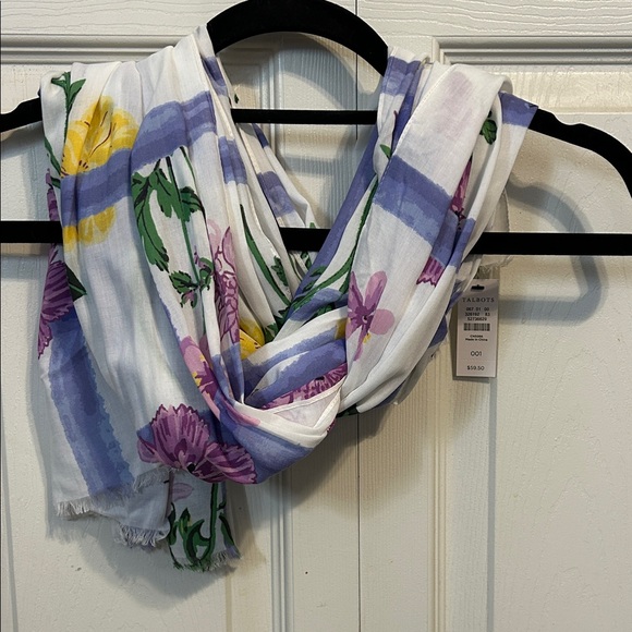 TALBOTS NWT Floral Scarf White Purple Green Yellow Scarf Windowpane Stripes - Picture 1 of 9